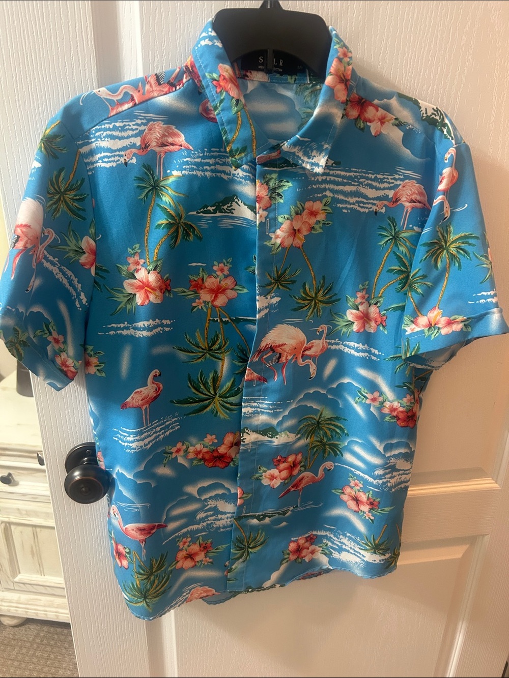 Men's Casual Blue Tropical Button-Down Shirt with Flamingo Print